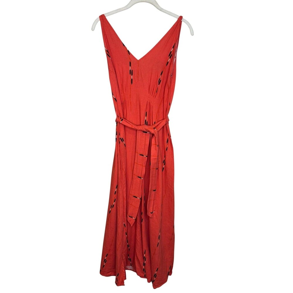 Bel Kazan Dress Womens XS Orange Geometric Belted V Neck Maxi Sundress Boho